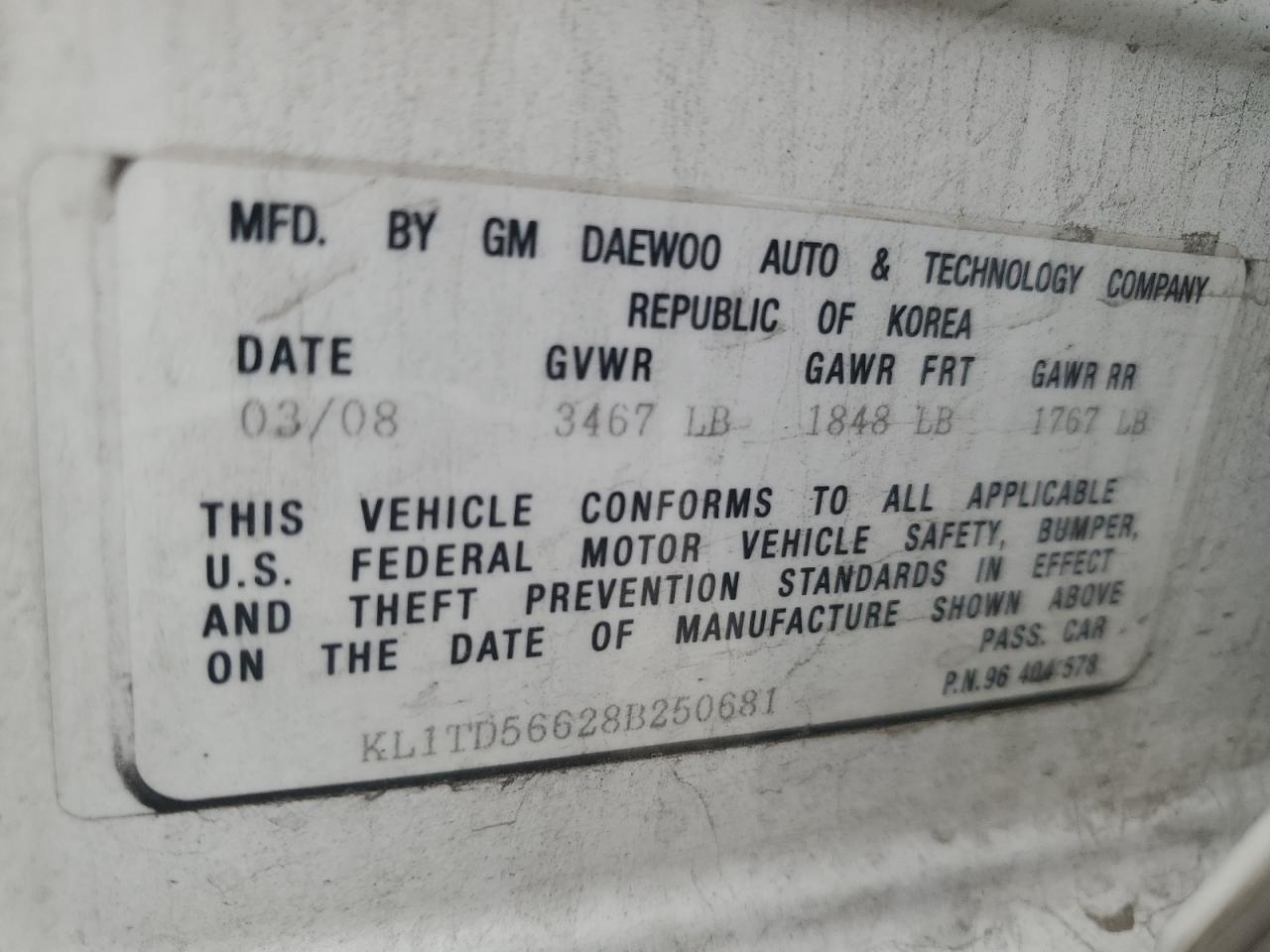 2008 Chevrolet Aveo Base VIN: KL1TD56628B250681 Lot: 81643335