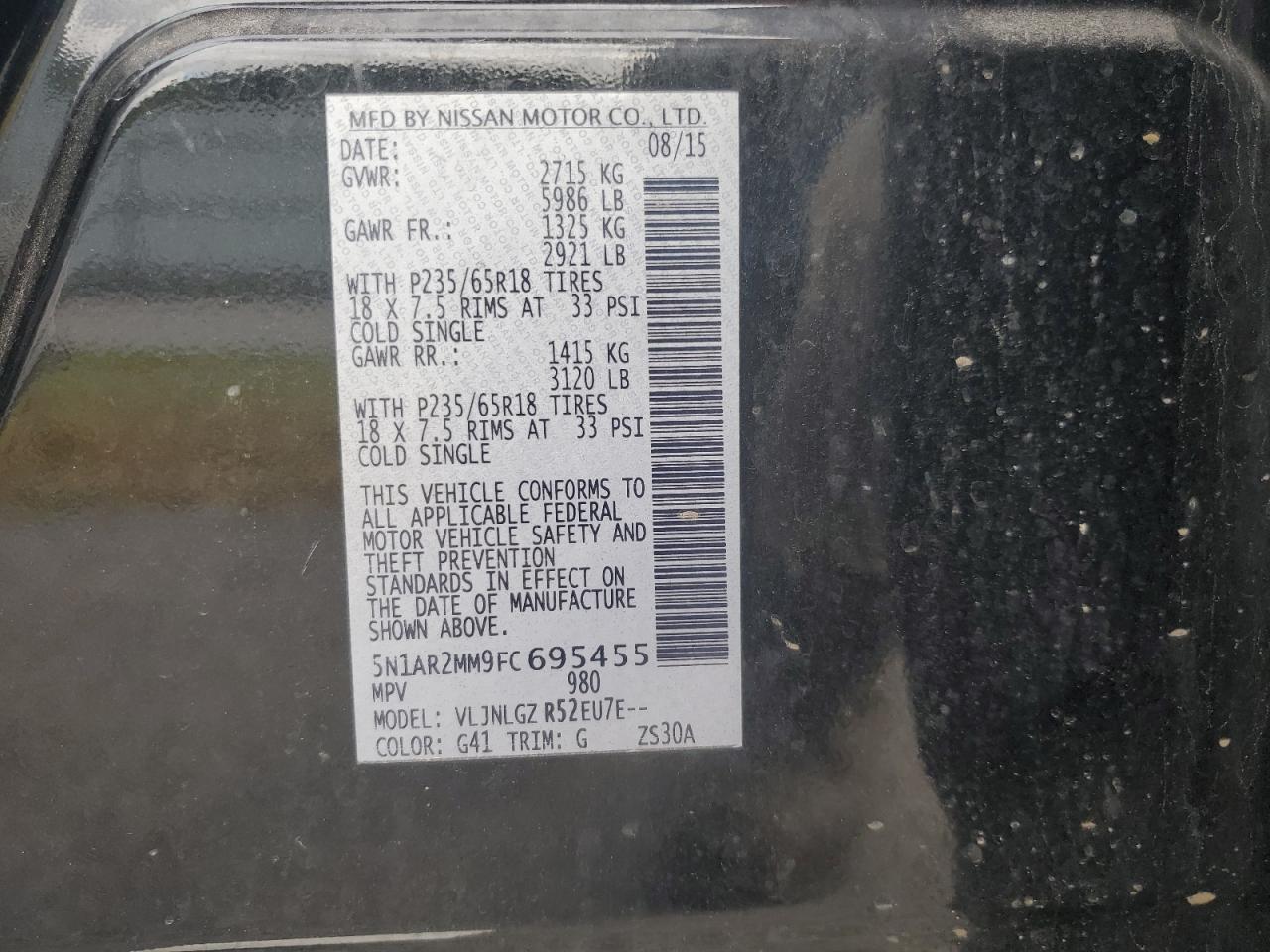 2015 Nissan Pathfinder S VIN: 5N1AR2MM9FC695455 Lot: 89566625