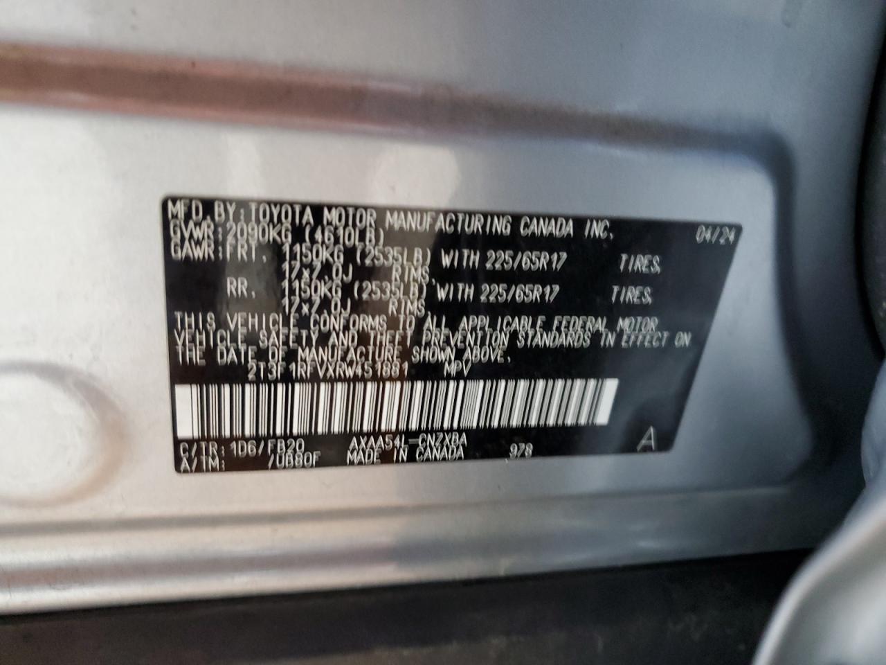 2024 Toyota Rav4 Le VIN: 2T3F1RFVXRW451881 Lot: 84483325