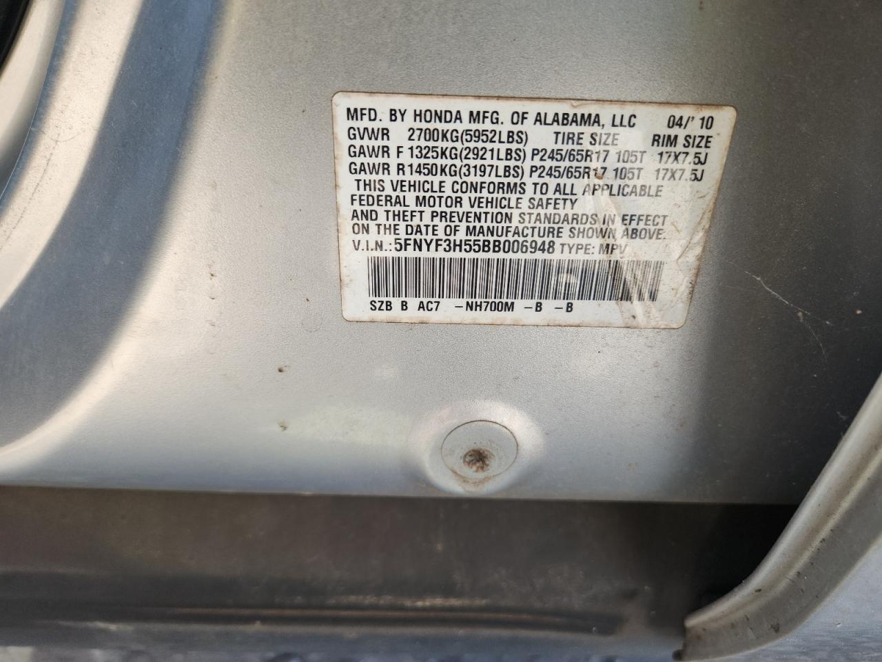 2011 Honda Pilot Exl VIN: 5FNYF3H55BB006948 Lot: 81676475