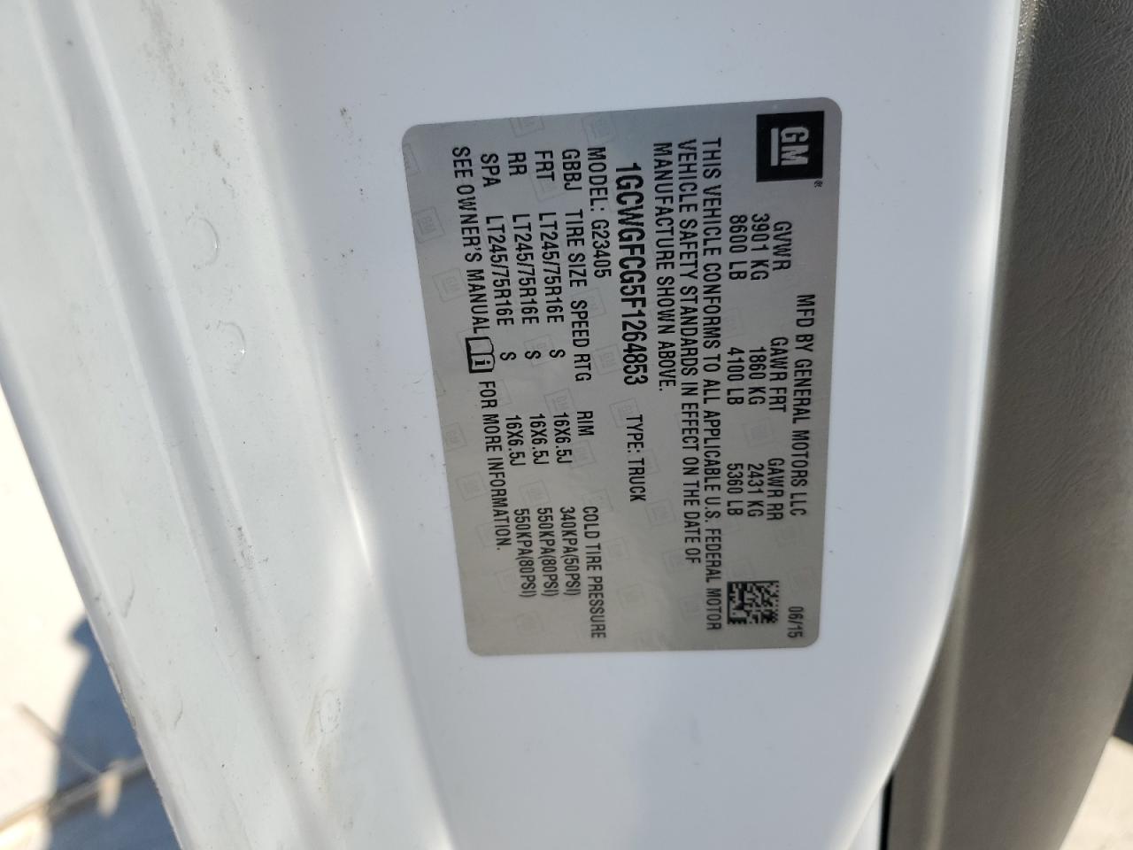 2015 Chevrolet Express G2500 VIN: 1GCWGFCG5F1264853 Lot: 86236945