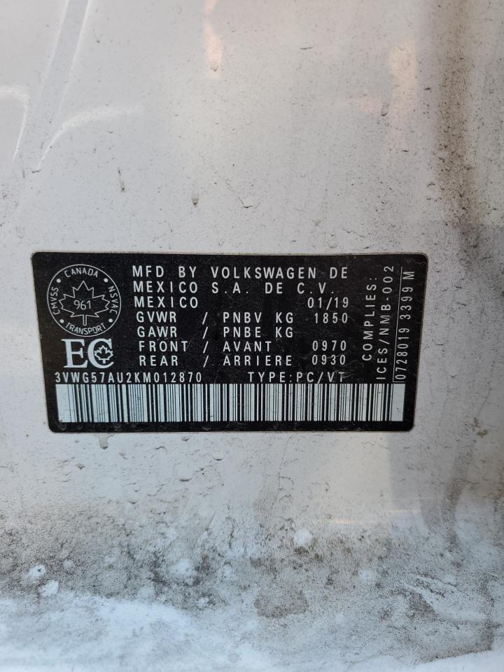 2019 Volkswagen Golf S VIN: 3VWG57AU2KM012870 Lot: 71675775