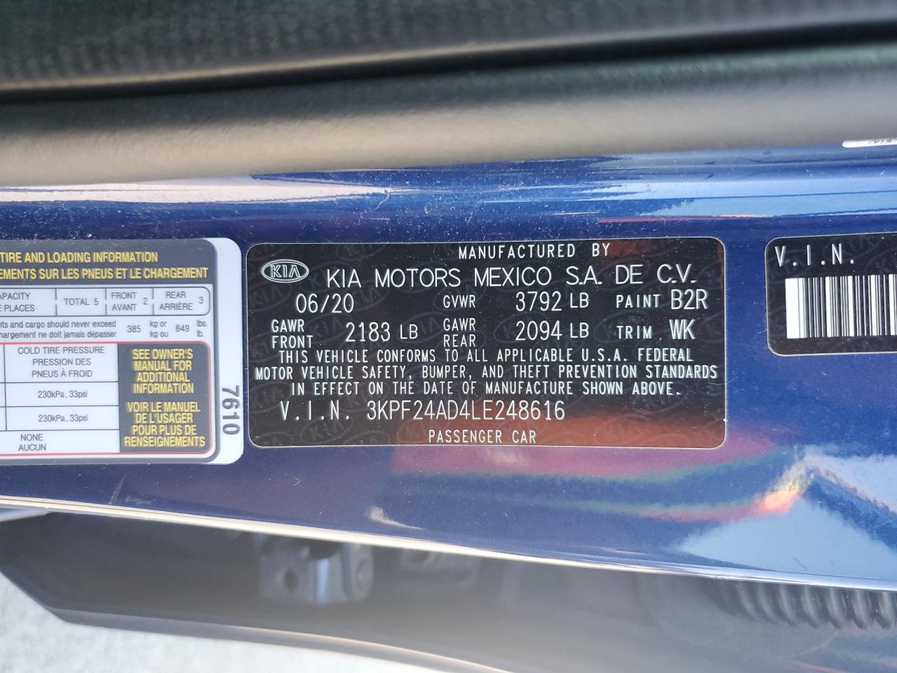 2020 Kia Forte Fe VIN: 3KPF24AD4LE248616 Lot: 71468915