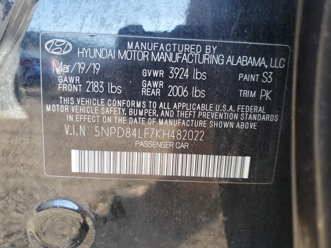 2019 Hyundai Elantra Sel VIN: 5NPD84LF7KH482022 Lot: 81103255