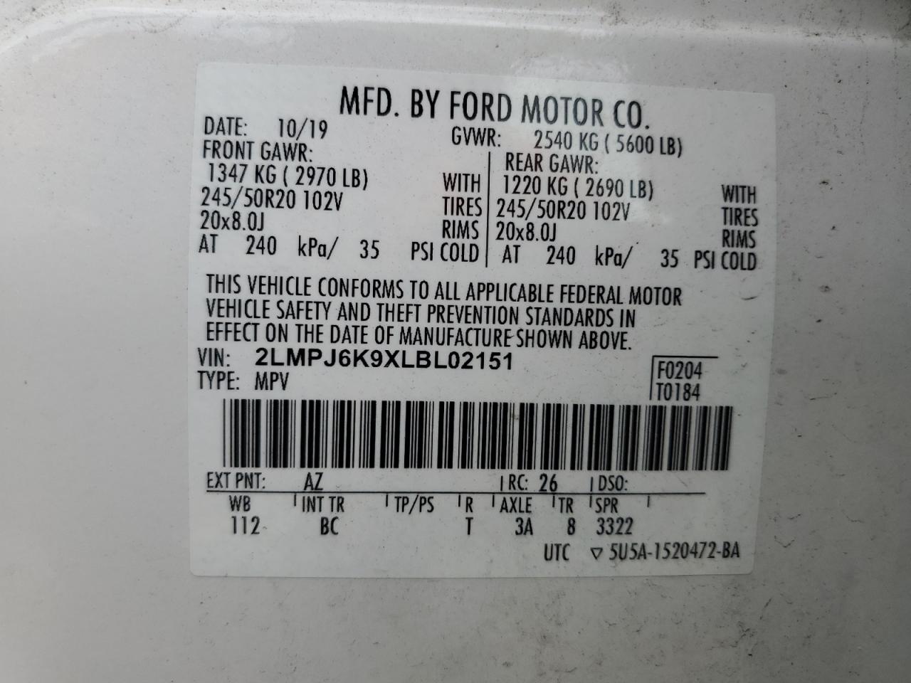 2020 Lincoln Nautilus Reserve VIN: 2LMPJ6K9XLBL02151 Lot: 87465115