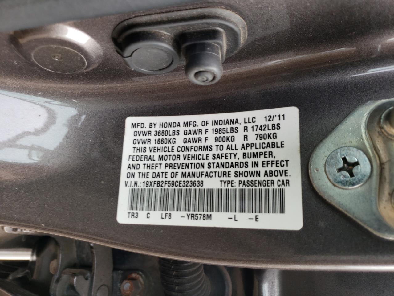 2012 Honda Civic Lx VIN: 19XFB2F59CE323638 Lot: 84726225