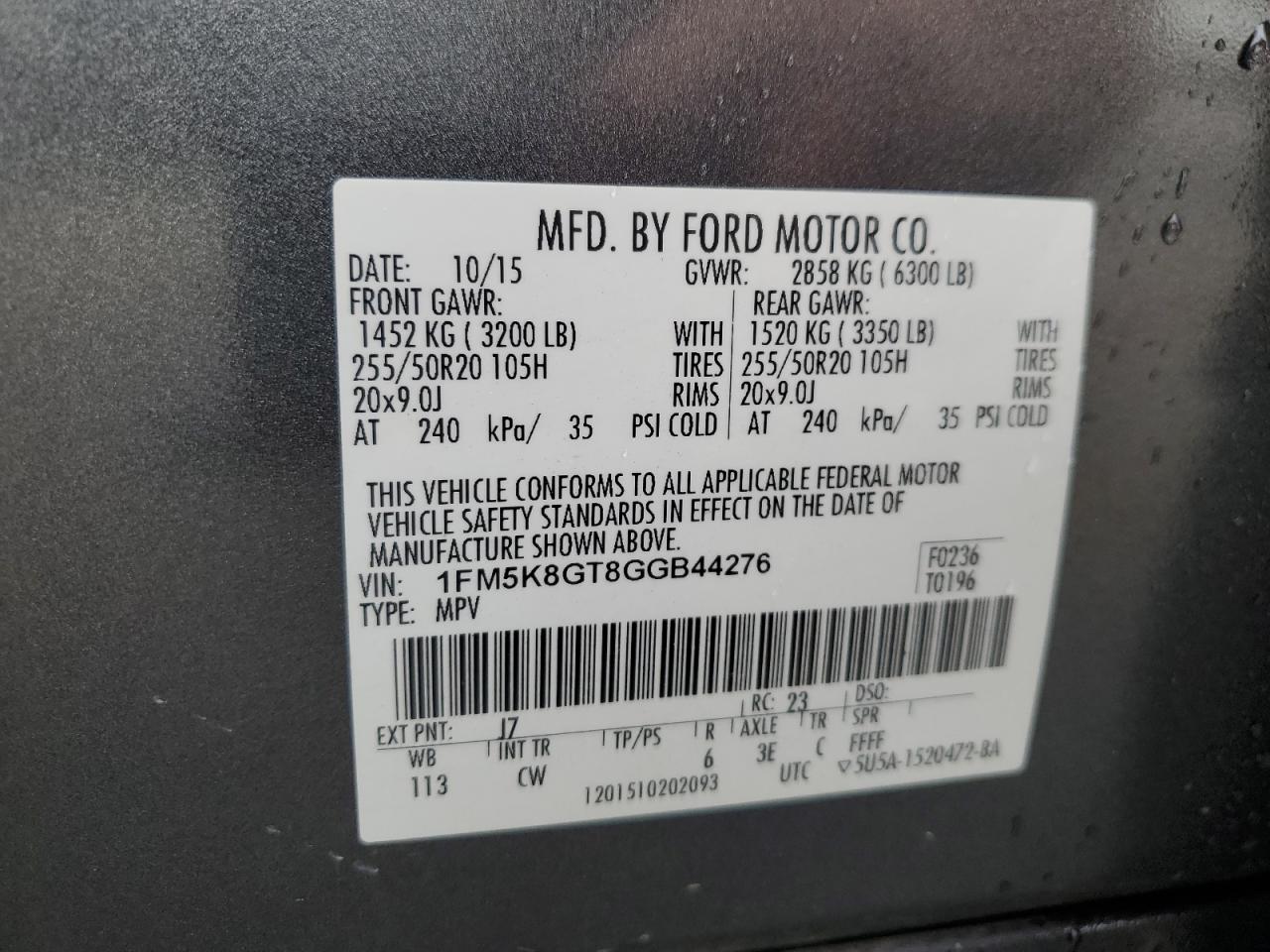 2016 Ford Explorer Sport VIN: 1FM5K8GT8GGB44276 Lot: 82120255