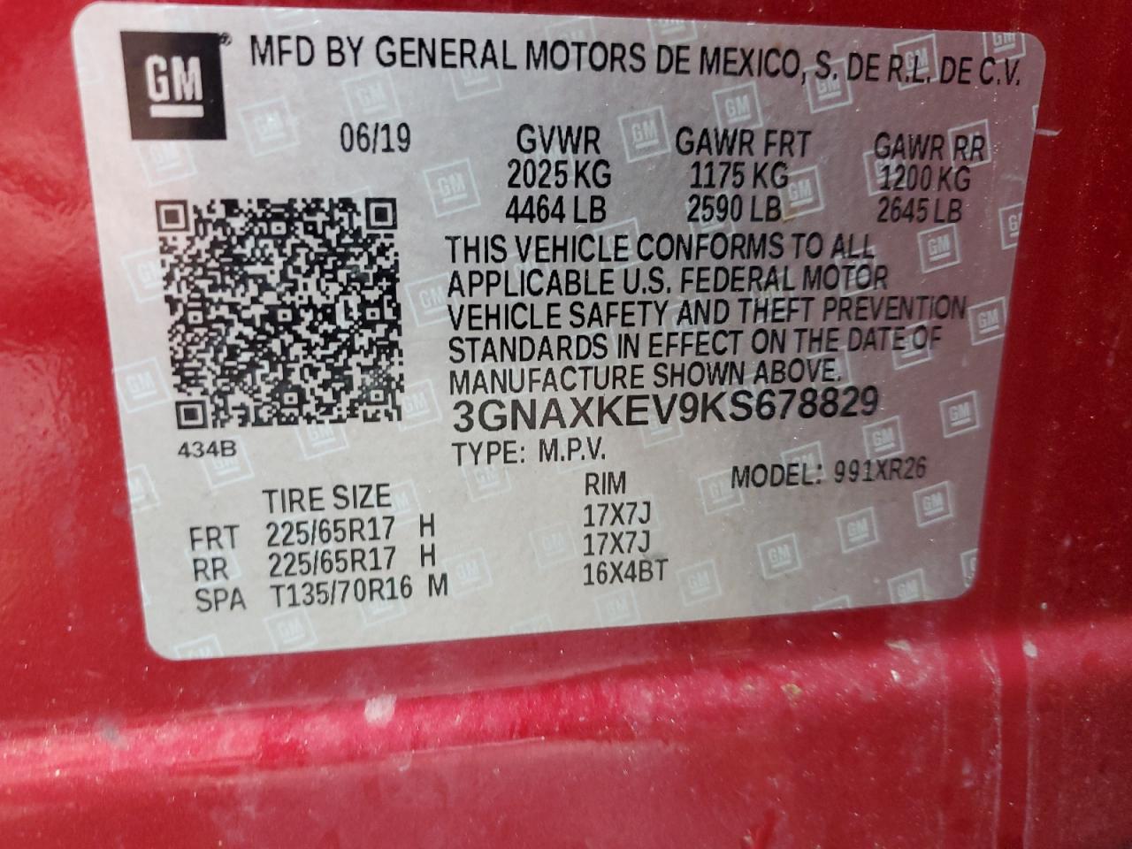 2019 Chevrolet Equinox Lt VIN: 3GNAXKEV9KS678829 Lot: 83779795