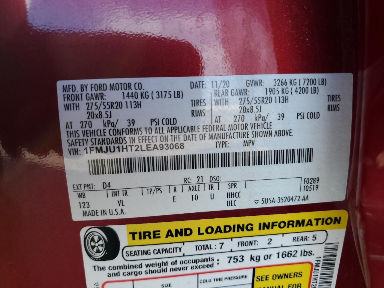 2020 Ford Expedition Xlt VIN: 1FMJU1HT2LEA93068 Lot: 81719705