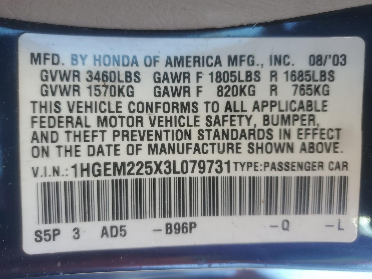 2003 Honda Civic Lx VIN: 1HGEM225X3L079731 Lot: 84555785