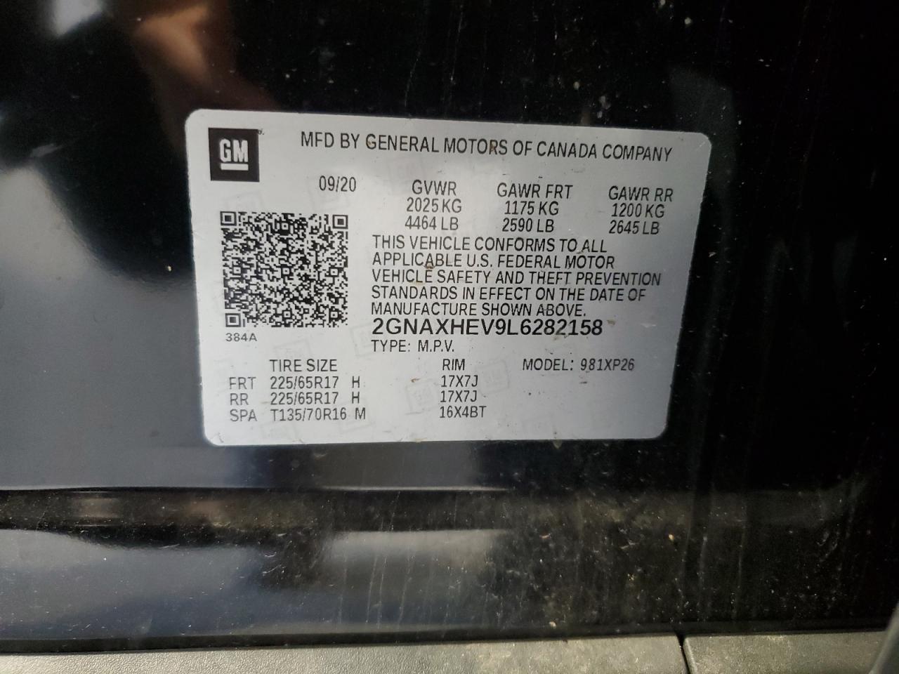 2020 Chevrolet Equinox Ls VIN: 2GNAXHEV9L6282158 Lot: 71867885