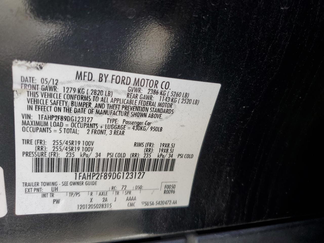 2013 Ford Taurus Limited VIN: 1FAHP2F89DG123127 Lot: 81193145