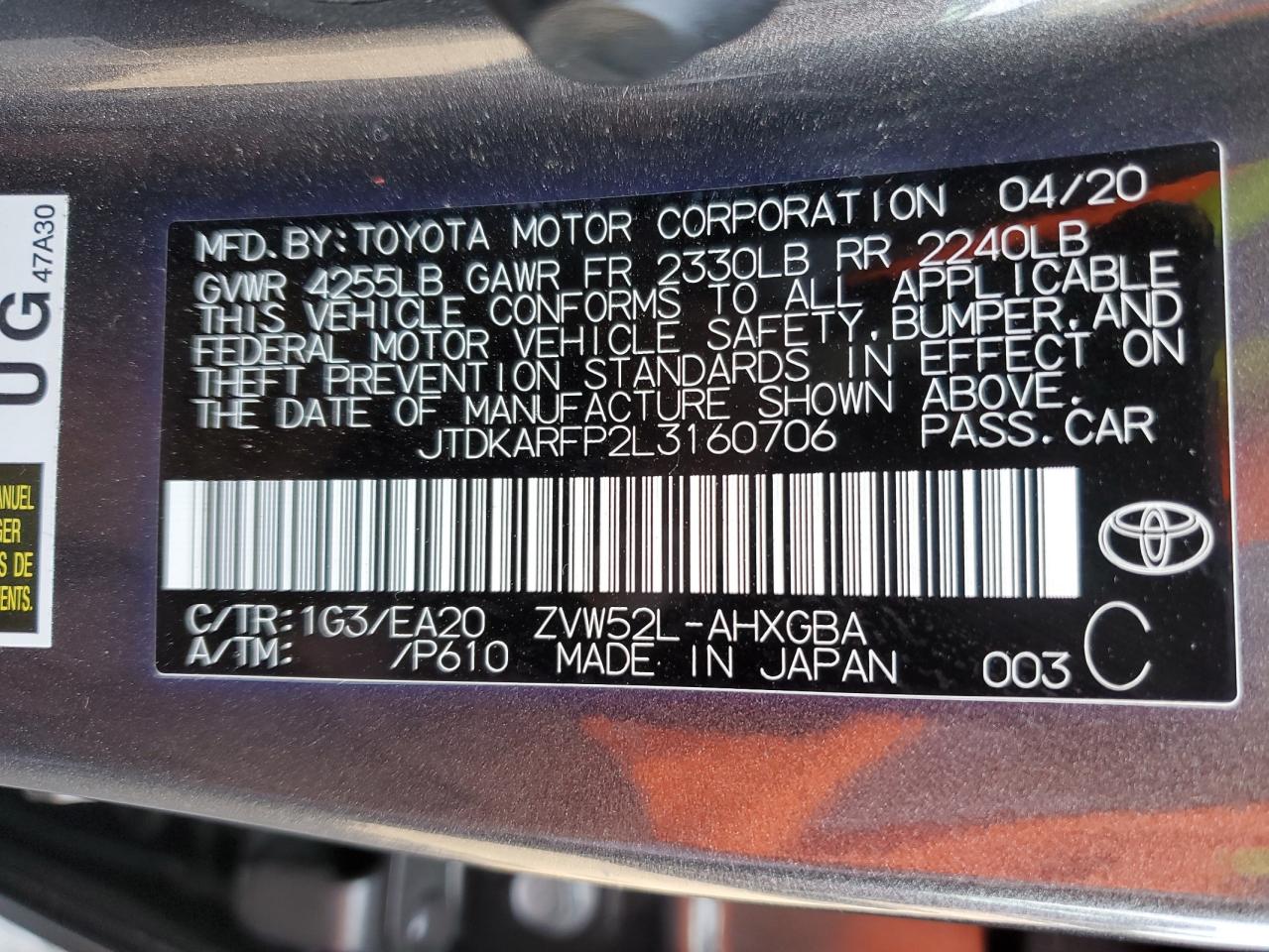 2020 Toyota Prius Prime Le VIN: JTDKARFP2L3160706 Lot: 84705565