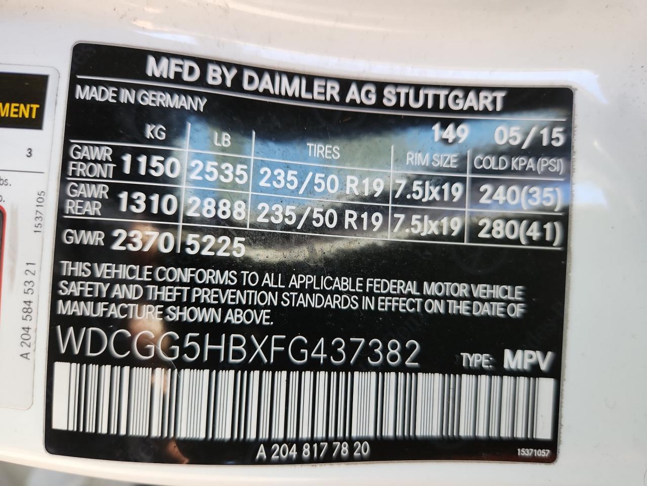 2015 Mercedes-Benz Glk 350 VIN: WDCGG5HBXFG437382 Lot: 89820275