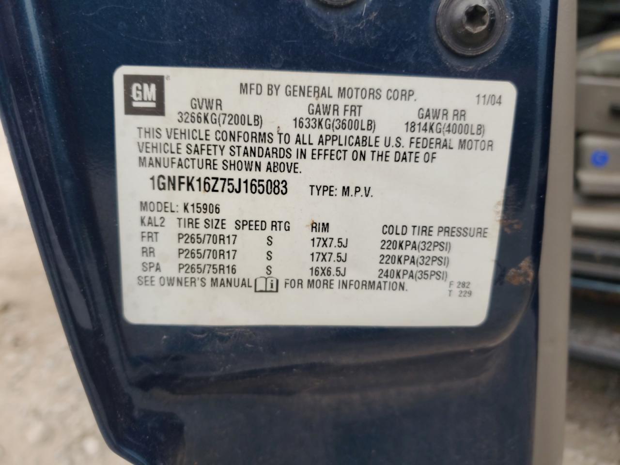 2005 Chevrolet Suburban K1500 VIN: 1GNFK16Z75J165083 Lot: 81204715