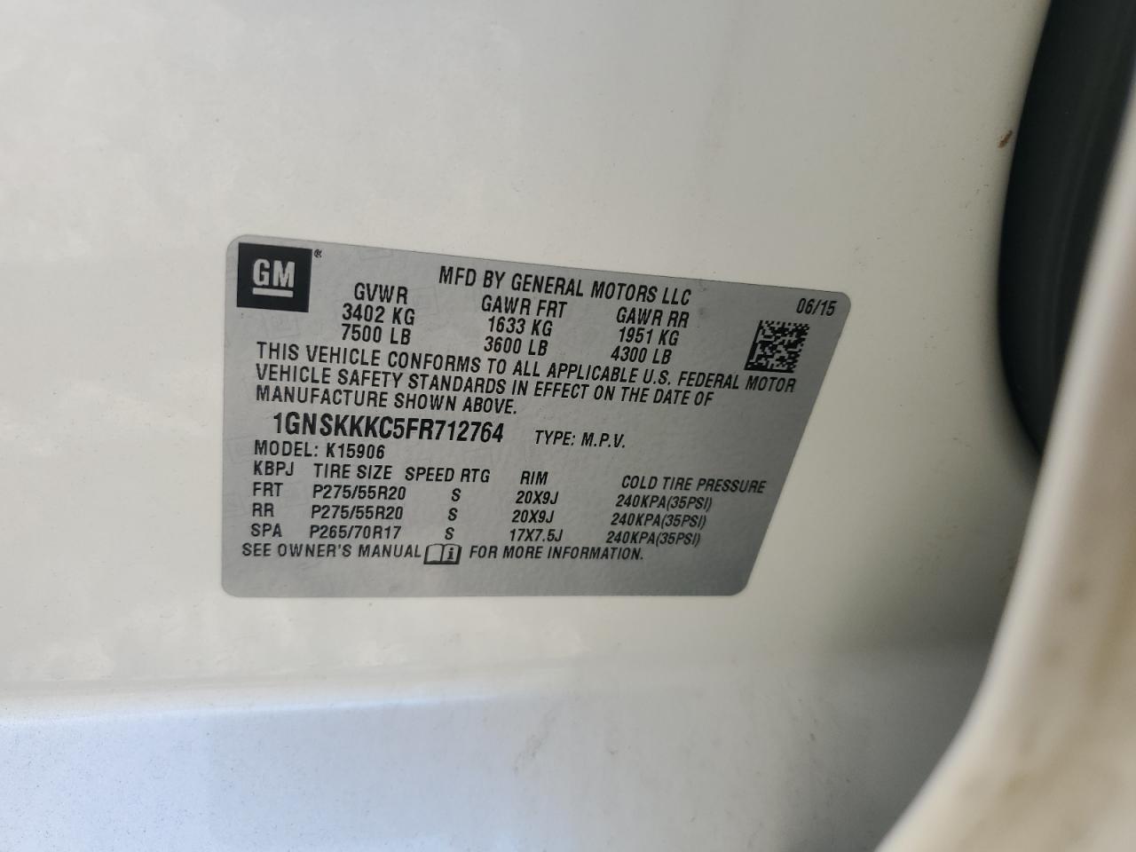 2015 Chevrolet Suburban K1500 Ltz VIN: 1GNSKKKC5FR712764 Lot: 81138015