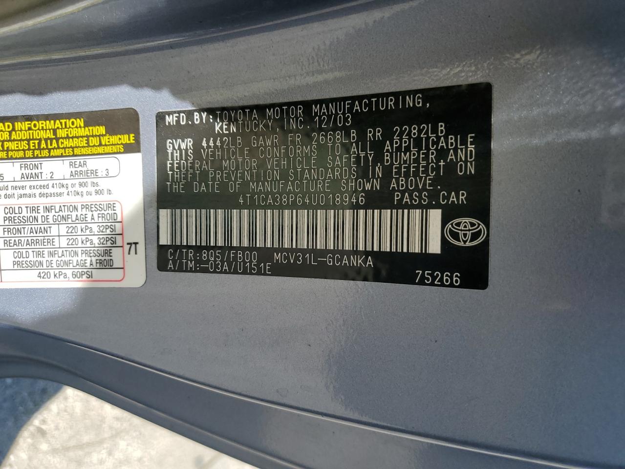 2004 Toyota Solara VIN: 4T1CA38P64U018946 Lot: 71001555