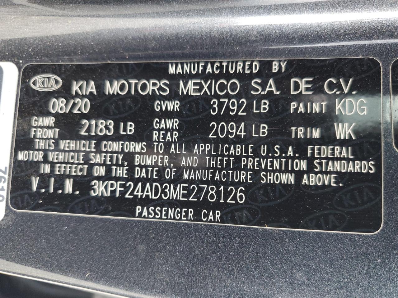 2021 Kia Forte Fe VIN: 3KPF24AD3ME278126 Lot: 81459385