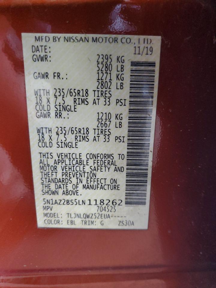 2020 Nissan Murano Sv VIN: 5N1AZ2BS5LN118262 Lot: 84050605