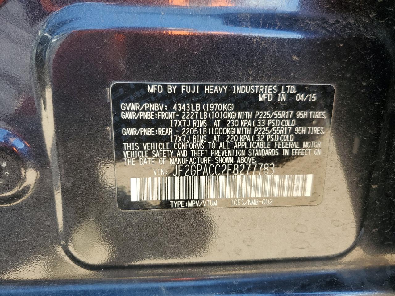 2015 Subaru Xv Crosstrek 2.0 Premium VIN: JF2GPACC2F8277783 Lot: 72009655