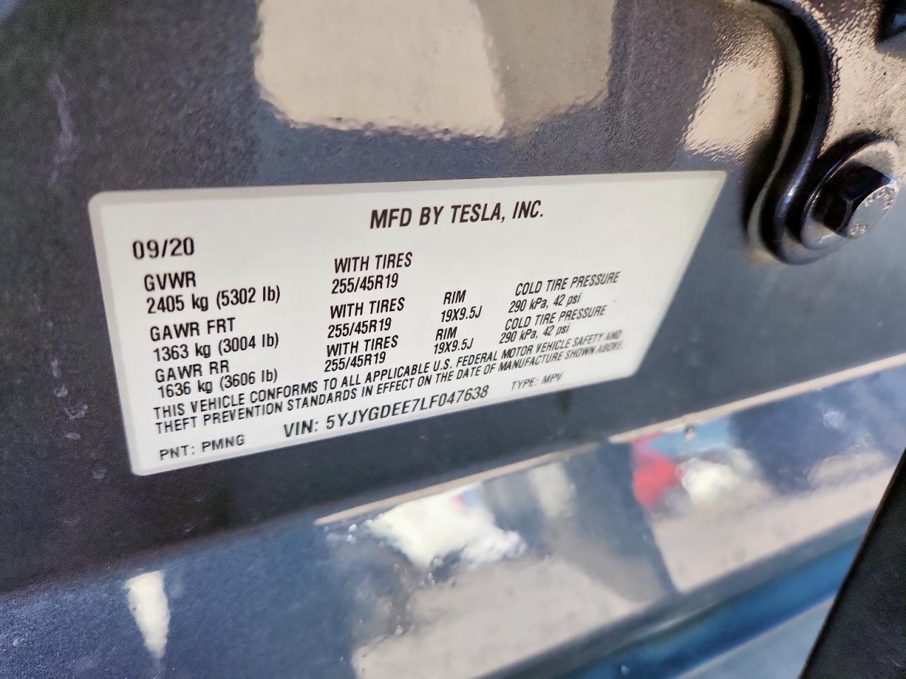 2020 Tesla Model Y VIN: 5YJYGDEE7LF047638 Lot: 71447705
