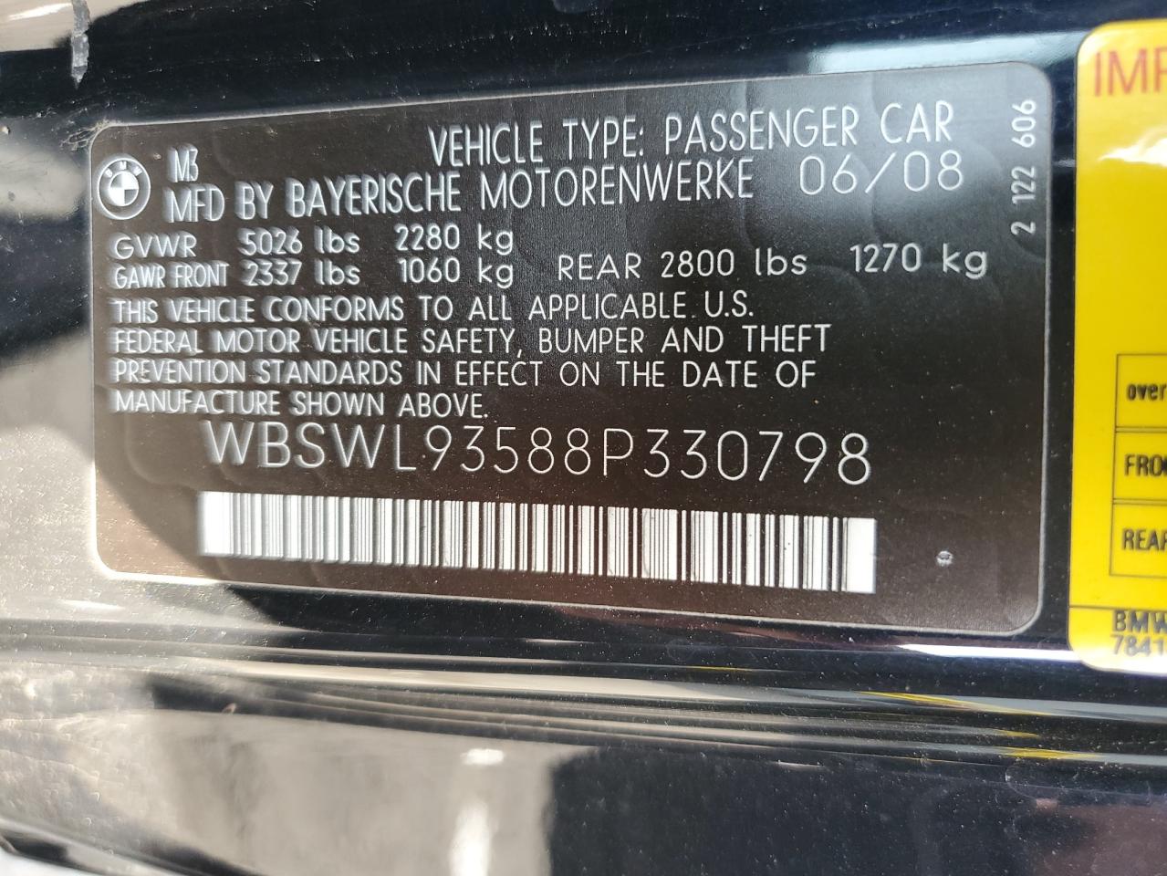 2008 BMW M3 VIN: WBSWL93588P330798 Lot: 70954005