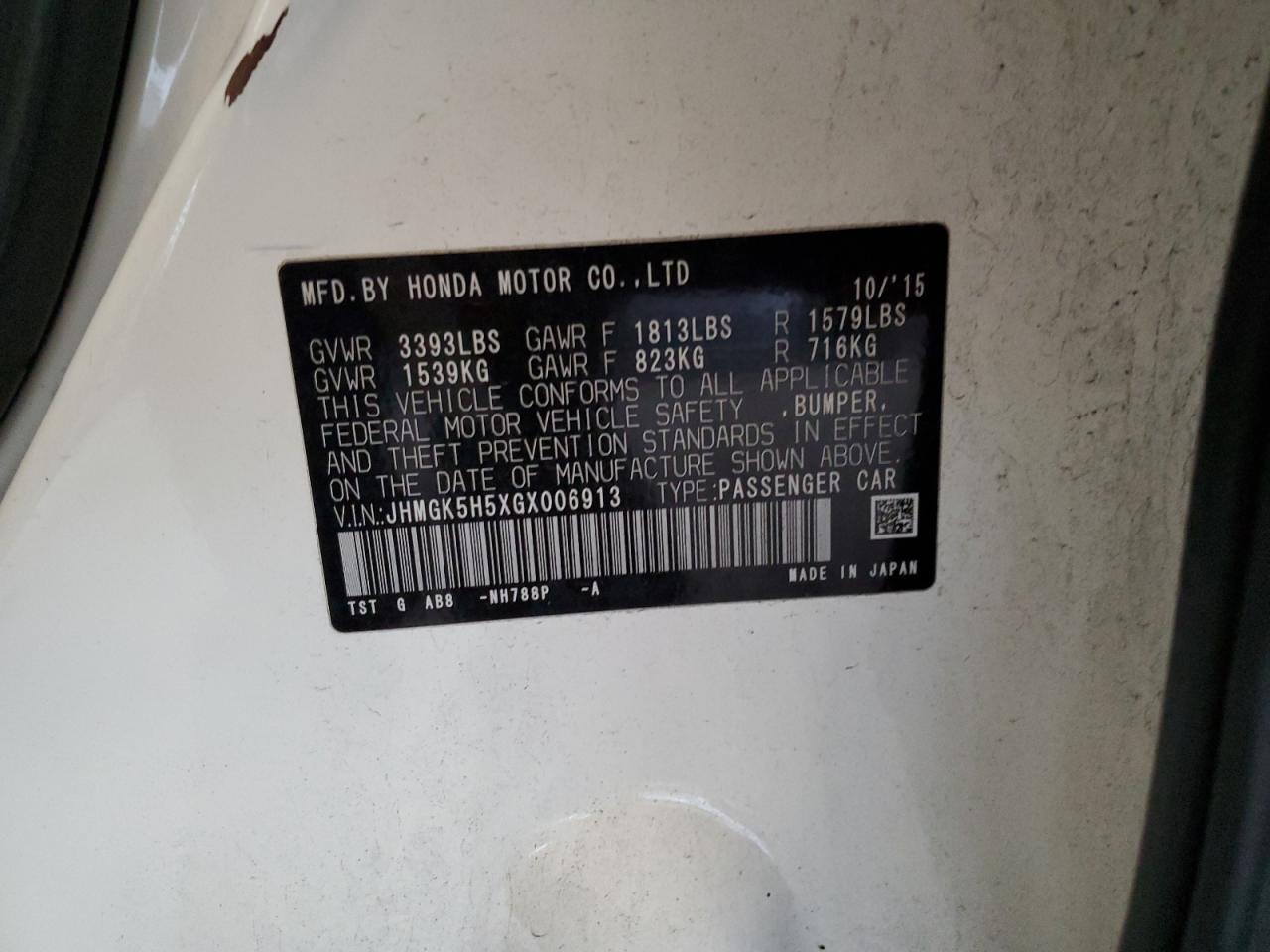 2016 Honda Fit Lx VIN: JHMGK5H5XGX006913 Lot: 81713615