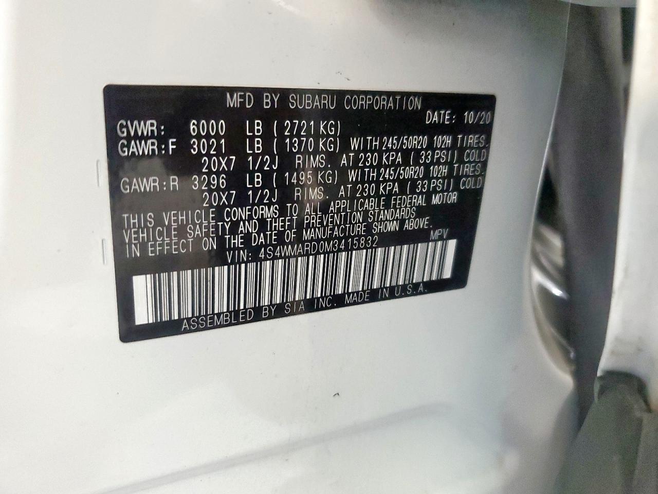 2021 Subaru Ascent Touring VIN: 4S4WMARD0M3415832 Lot: 81083695