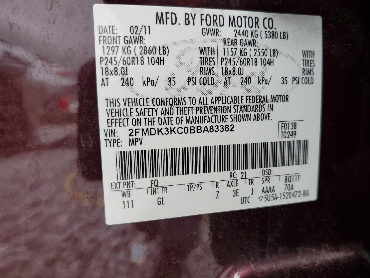 2011 Ford Edge Limited VIN: 2FMDK3KC0BBA83382 Lot: 84013495
