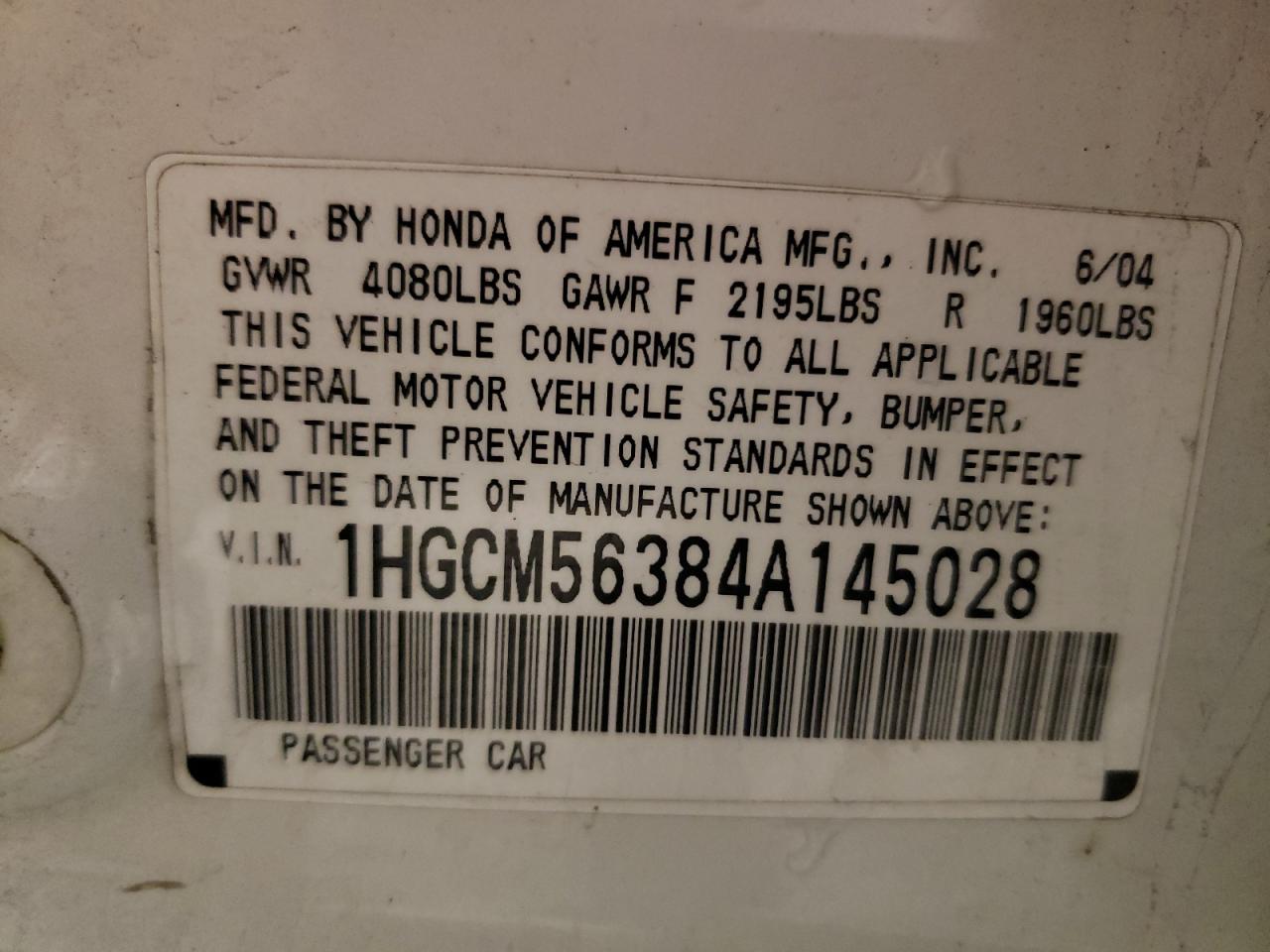 2004 Honda Accord Lx VIN: 1HGCM56384A145028 Lot: 81672385