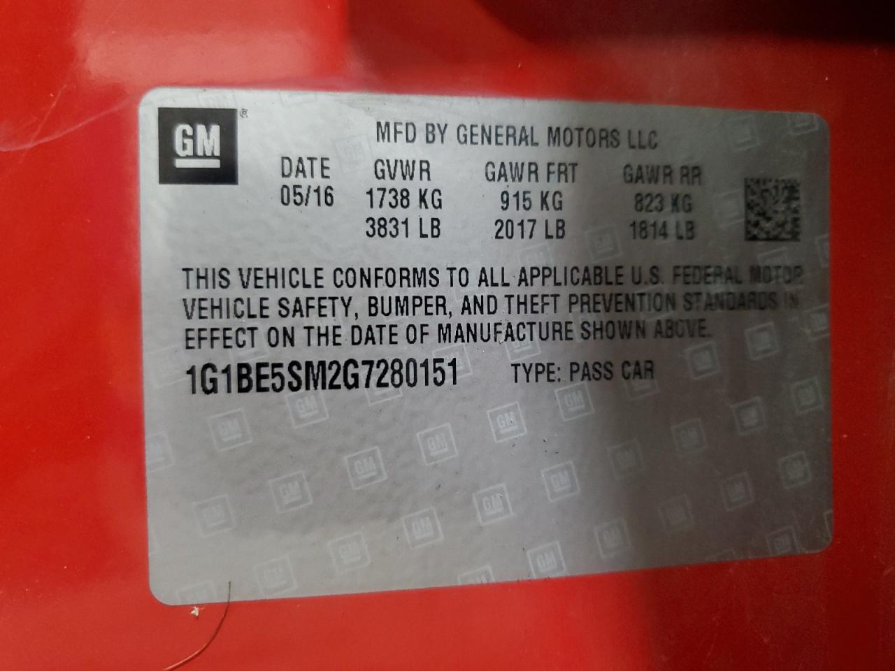 2016 Chevrolet Cruze Lt VIN: 1G1BE5SM2G7280151 Lot: 84177425