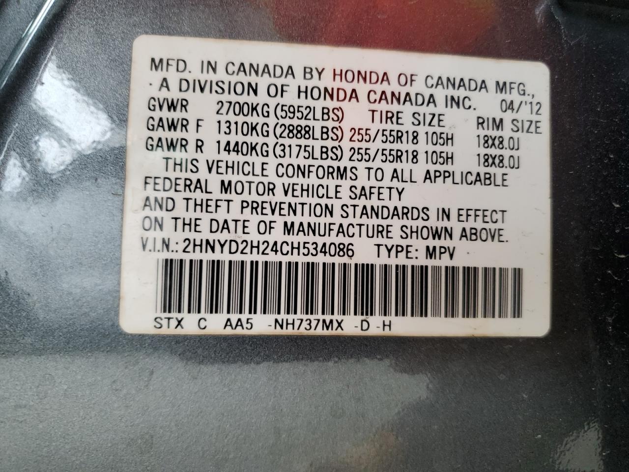 2012 Acura Mdx VIN: 2HNYD2H24CH534086 Lot: 71789585