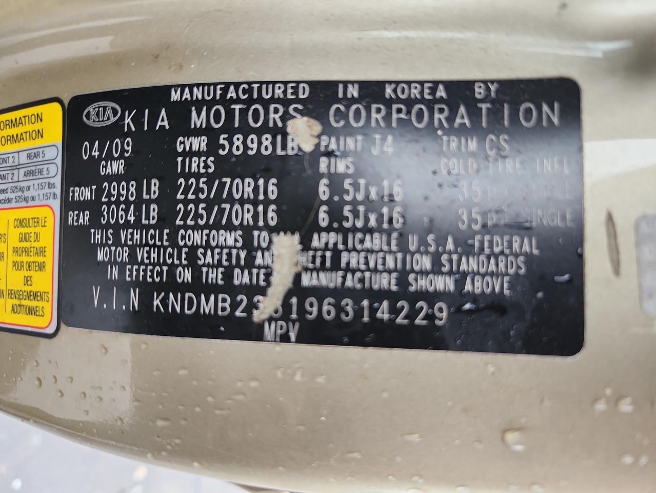 2009 Kia Sedona Ex VIN: KNDMB233196314229 Lot: 83807975