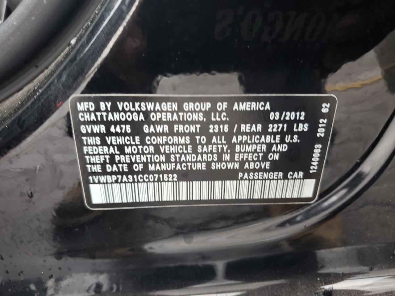 2012 Volkswagen Passat Se VIN: 1VWBP7A31CC071522 Lot: 81631395