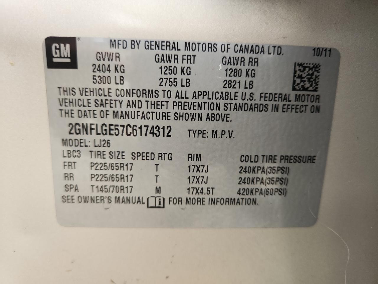 2012 Chevrolet Equinox Ltz VIN: 2GNFLGE57C6174312 Lot: 84581885