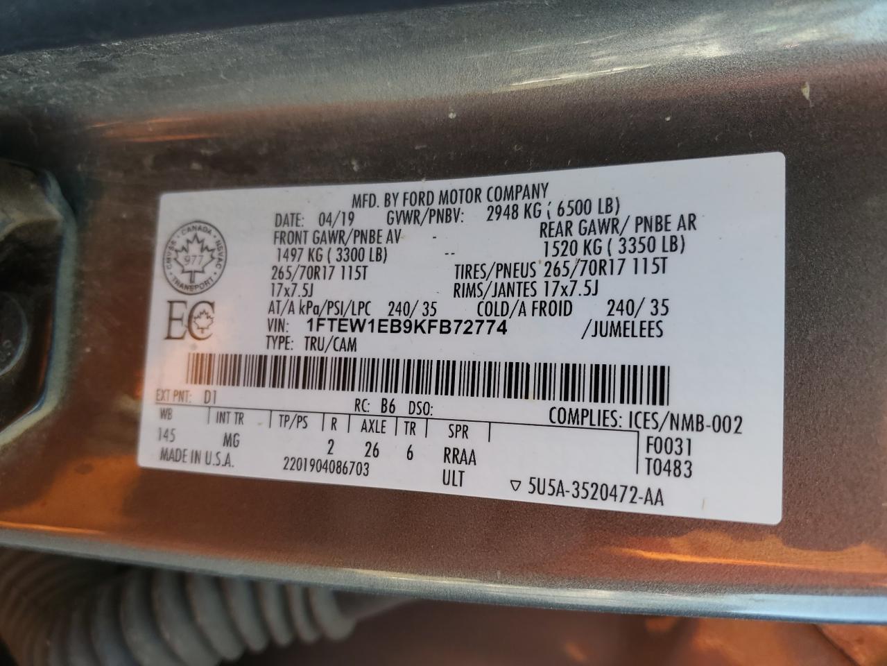 2019 Ford F150 Supercrew VIN: 1FTEW1EB9KFB72774 Lot: 80764255