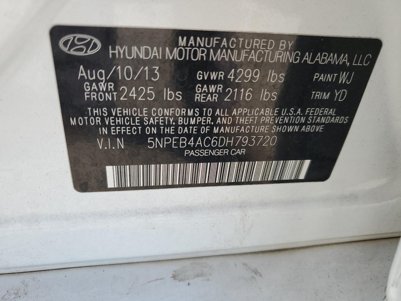 2013 Hyundai Sonata Gls VIN: 5NPEB4AC6DH793720 Lot: 81135935