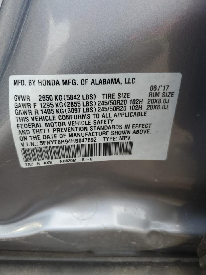 2017 Honda Pilot Touring VIN: 5FNYF6H94HB047892 Lot: 80333605