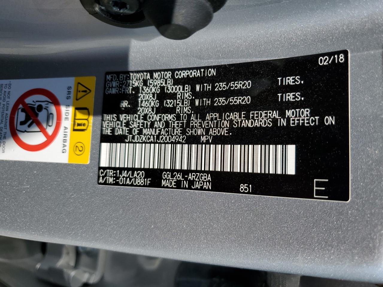 2018 Lexus Rx 350 L VIN: JTJDZKCA1J2004942 Lot: 80506905