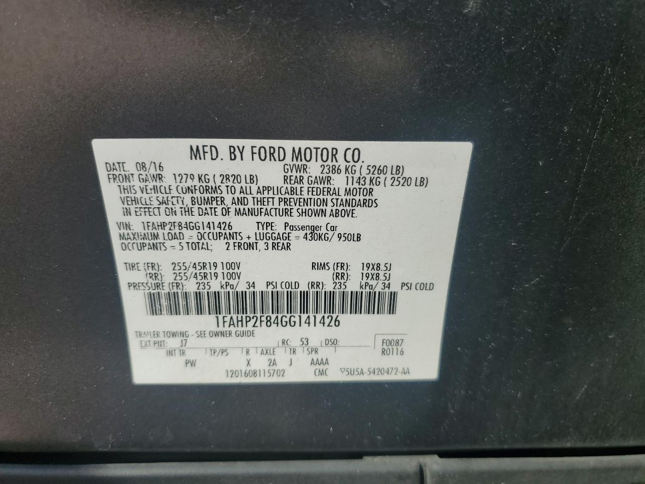 2016 Ford Taurus Limited VIN: 1FAHP2F84GG141426 Lot: 80956025