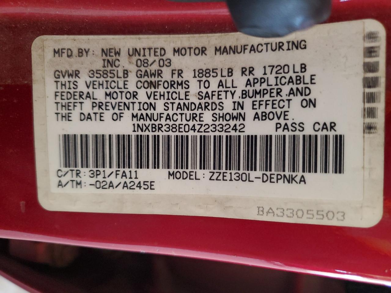 2004 Toyota Corolla Ce VIN: 1NXBR38E04Z233242 Lot: 81646565