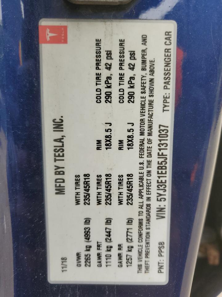 2018 Tesla Model 3 VIN: 5YJ3E1EB5JF131037 Lot: 81468995