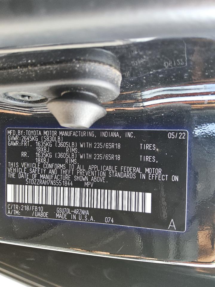 2022 Toyota Highlander L VIN: 5TDZZRAH7NS551844 Lot: 81039335