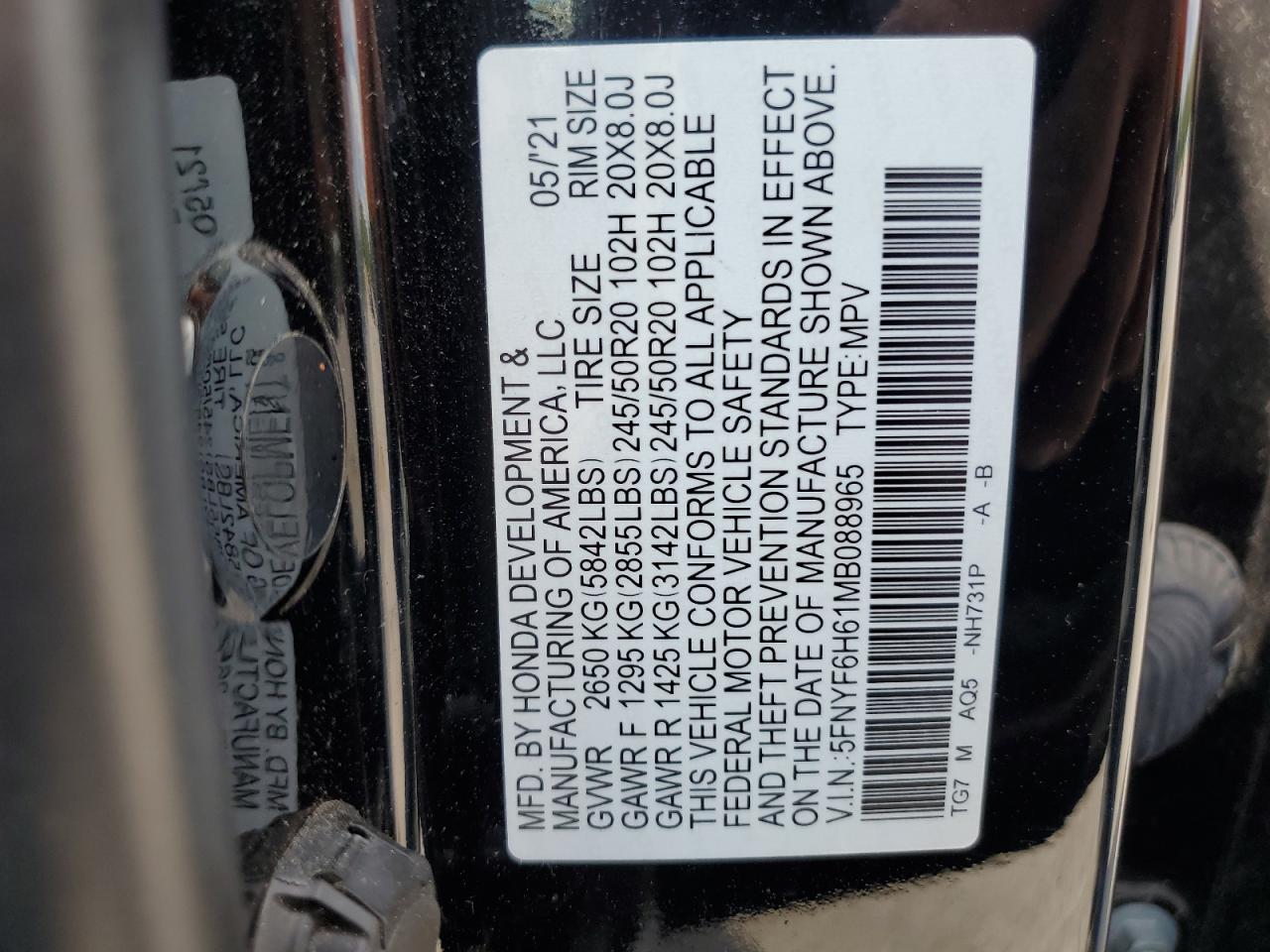 2021 Honda Pilot Touring VIN: 5FNYF6H61MB088965 Lot: 81227545