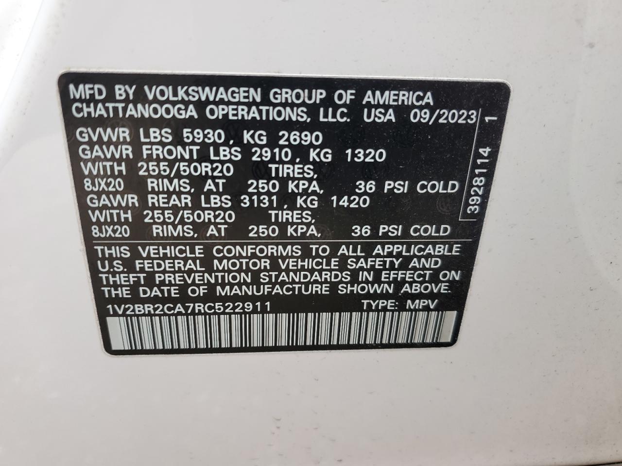 2024 Volkswagen Atlas Sel VIN: 1V2BR2CA7RC522911 Lot: 71607255