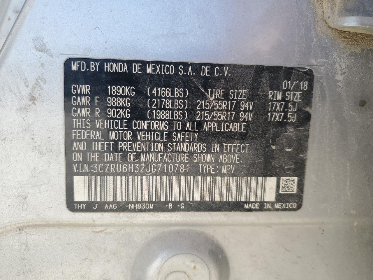 2018 Honda Hr-V Lx VIN: 3CZRU6H32JG710781 Lot: 81616715