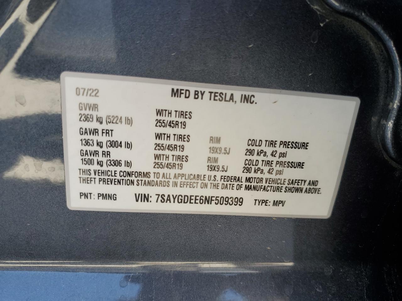 2022 Tesla Model Y VIN: 7SAYGDEE6NF509399 Lot: 71325645