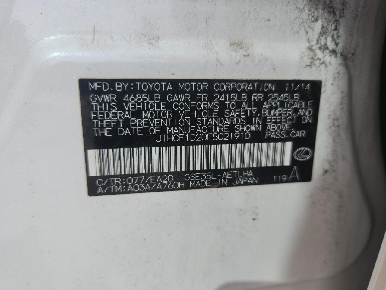2015 Lexus Is 250 VIN: JTHCF1D20F5021910 Lot: 84192765