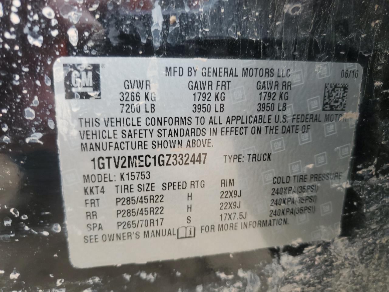 2016 GMC Sierra K1500 Sle VIN: 1GTV2MEC1GZ332447 Lot: 81212395