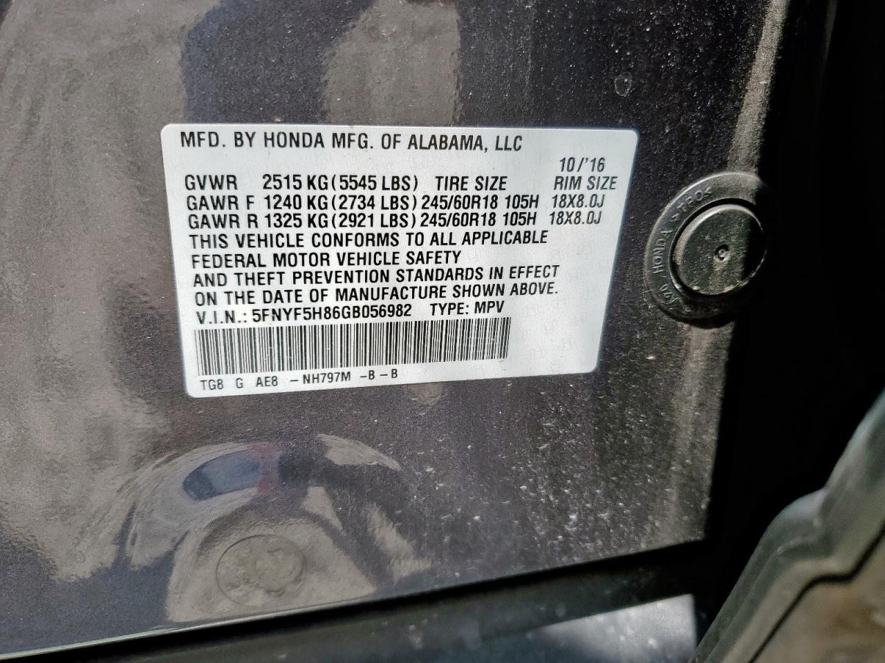 2016 Honda Pilot Exl VIN: 5FNYF5H86GB056982 Lot: 71786715